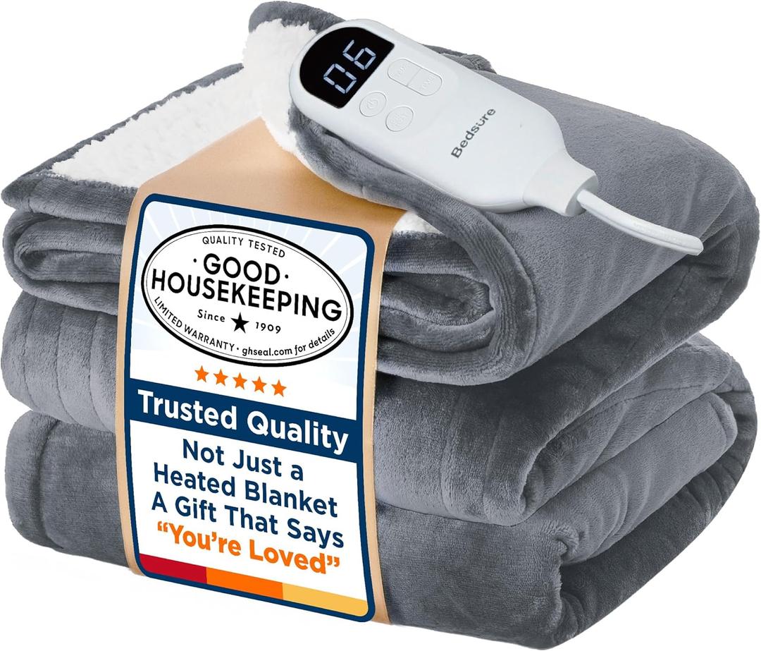Bedsure Electric Blanket Full Size with Preheat Function - Soft Flannel Heated Blanket Full, Fast Heating with 6 Time Settings (Up to 10H) & 6 Heat Settings, Gifts for Grandma (72x84 inches, Grey)