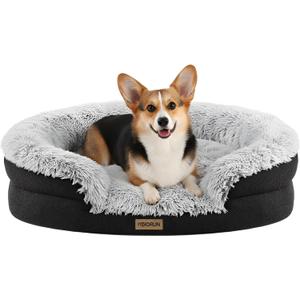 Fluffy Orthopedic Dog Bed for Small & Medium Dogs and Cats, Calming Plush Sofa Bed with Curved Bolster Support and Egg-Crate Foam Base, 35" Cozy Oval Pet Donut Bed with Washable Cover, Gray