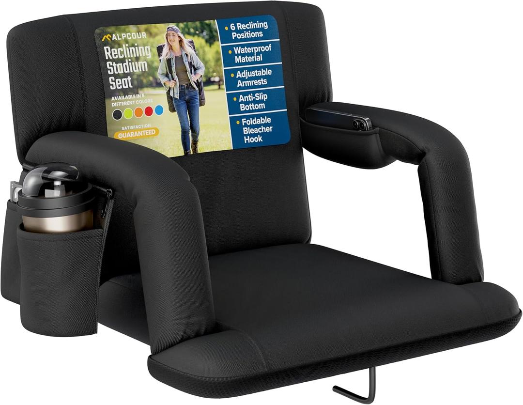 Alpcour Reclining Stadium Seat  Wide Bleacher Chair with Back Support and Cushion, Armrests, Side Pockets, and Bleachers Hook  Best Stadium Seats Chairs for Camping, Kayak, & Paddle Board Backs (Black)