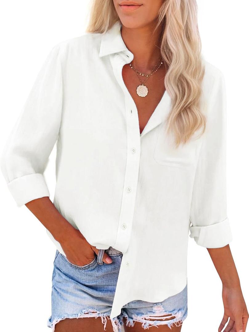Womens Button Down Shirts Cotton Linen Long Sleeve Dress Shirts Casual Summer Tops Work Blouses with Pockets (Small, White)