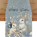 Artoid Mode Bunny Rabbit Hydrangea Happy Easter Table Runner, Seasonal Spring Kitchen Dining Table Decoration for Home Party Decor 13x90 Inch (Blue)