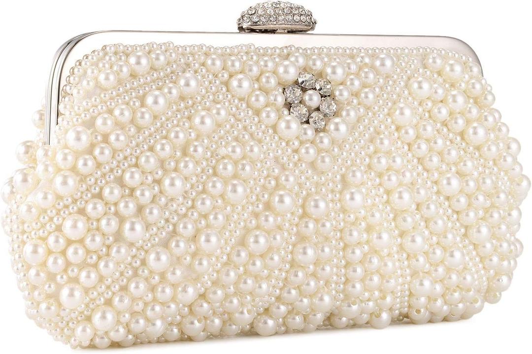 UBORSE Women Pearl Clutch Bag Noble Crystal Beaded Evening Bag Wedding Clutch with Pearl Chain (Cream-coloured)