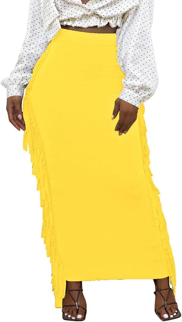 Lrady Women's Elastic Waist Slim Bodycon Side Tassels Long Maxi Pencil Skirts (XX-Large, Yellow)