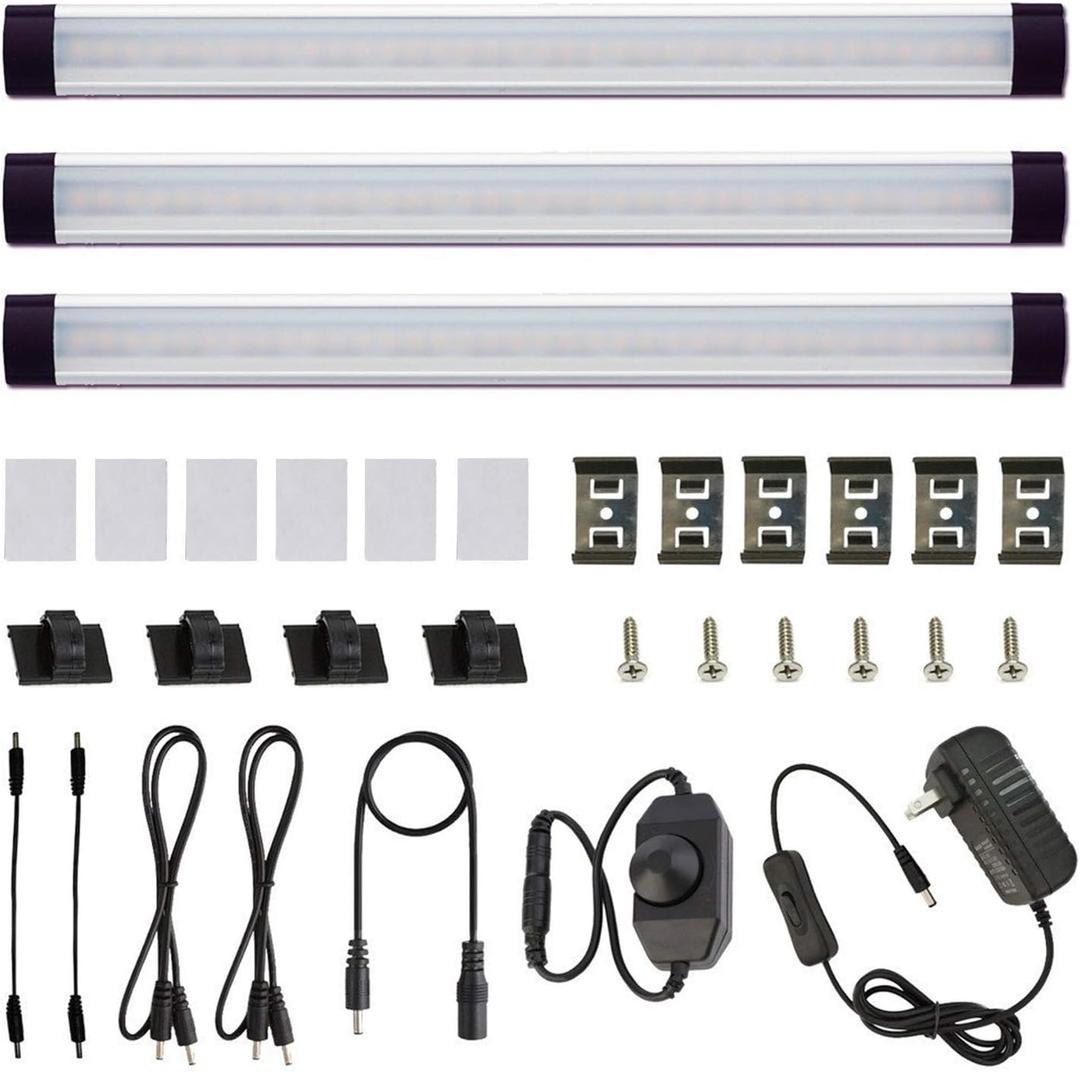 AIBOO Dimmable LED Under Cabinet Lighting Under Counter LED Light Bar Linkable Kit with Rotary Dimmer Switch Kitchen,Counter Showcase,Shelf Lighting 3 Panel Kits 9W (Warm White)