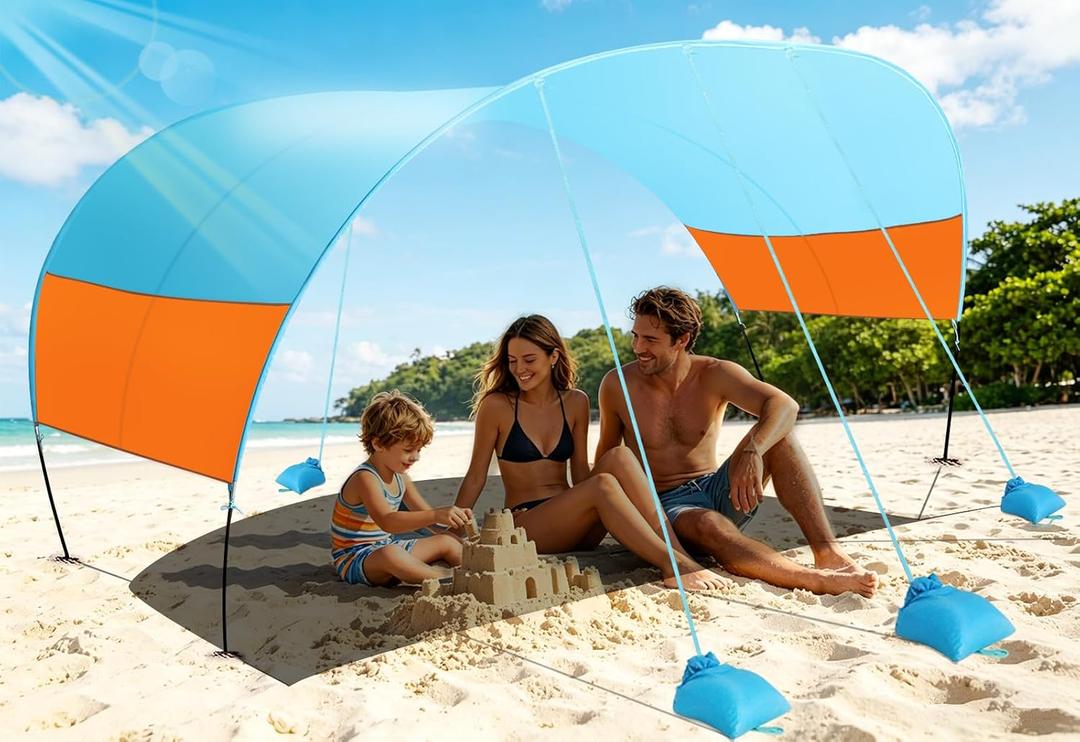 Beach Canopy Sun Shade, Beach Tent Sun Shelter Wind Sail Camping Sun Shelter Portable Seaside Tent Shelter Canopy Outdoor Beach Sun Shade for Family Vacation and Camping (Patent Pending)