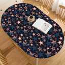Horaldaily 4th of July Fitted Tablecloth Fit for 64 x 44 Inch Oval, Wooden Vintage Rustic Dark Blue Patriotic Washable Table Cover Elastic Edged for Dinning, Picnic, Camping, Banquet