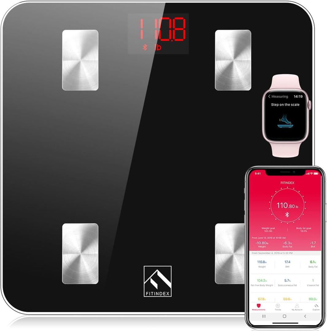 FITINDEX Scale with BMI, Body Fat, Muscle Mass, Smart Scale for Body Weight, Bluetooth, Digital, Sync with App, User Health Equipment, FSA HSA Eligible (4 Electrode)