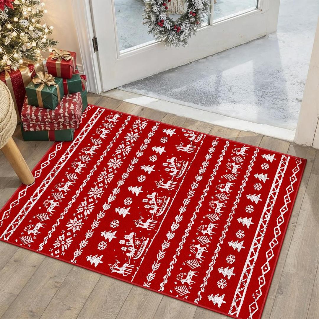 PureCozy Christmas Area Rug 2x3 Red Entryway Carpet Washable Xmas Snowflake Holiday Decor Doormat Kitchen Decorative Non Slip Soft Low Pile Small Carpet Indoor Throw Rug Bedroom Entrance Bathroom
