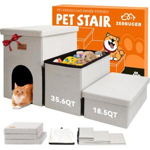 Zerbuger Dog Stairs with Condo 18" H, 3-Step Wider Dog Steps for High Beds Couch, Folding Storage Pet Stairs Gift for Old Dogs Cats, Ramp for Climbing Car Up to 200 lbs, Beige