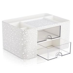 MotiMind White Bling Desk Organizer with 2 Drawer, Sparkly Makeup Organizer for Vanity, Girly Desk Accessories, Rhinestone Pen Holder, Elevate Your Workspace with White Serenity (Pearl)
