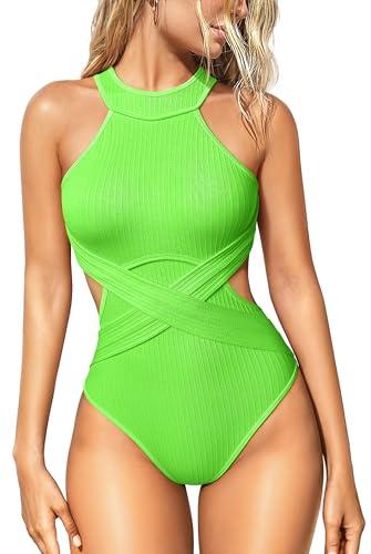 OQQ Women's One Piece Swimsuits Tummy Control High Waisted Cross Bathing Suit Wrap Tie Back 1 Piece Swimwear Fluore Green, M