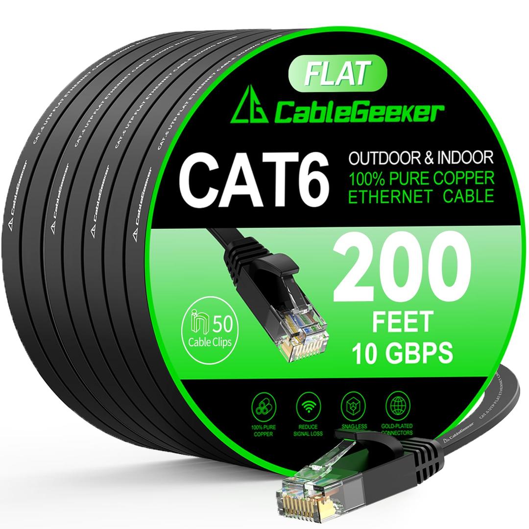 Cat 6 Ethernet Cable 200 ft, High Speed 10Gbps Flat Internet Network Cable, Pure Copper Ethernet Patch Cable Long, Computer LAN Cable with Clips & Straps for Router, Modem, PS4/5, Black
