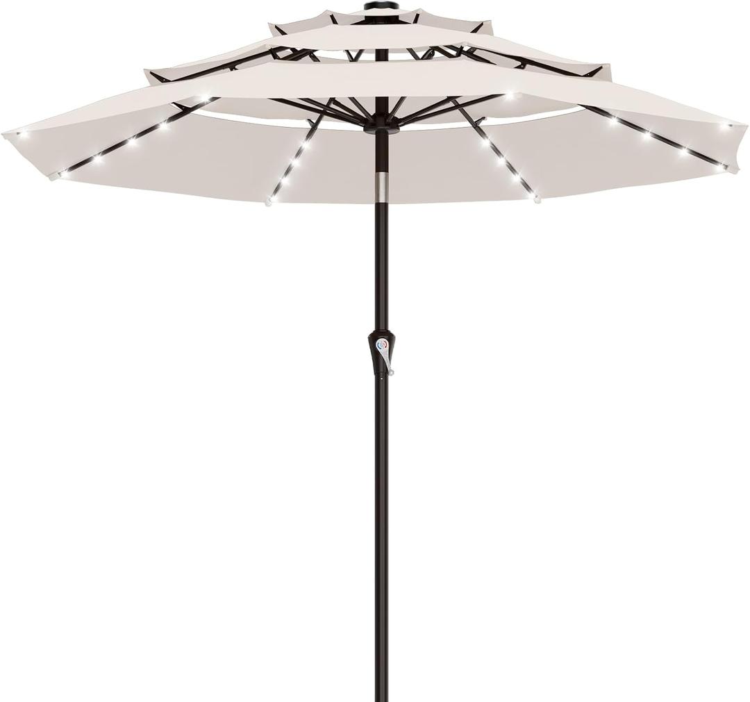 AreShark 9ft 3 Tiers Patio Umbrella with Solar Lights, Outdoor Umbrella w/ 32 LED Lights&8 Sturdy Ribs, Table Umbrella for Deck, Backyard, Pool (Ivory)