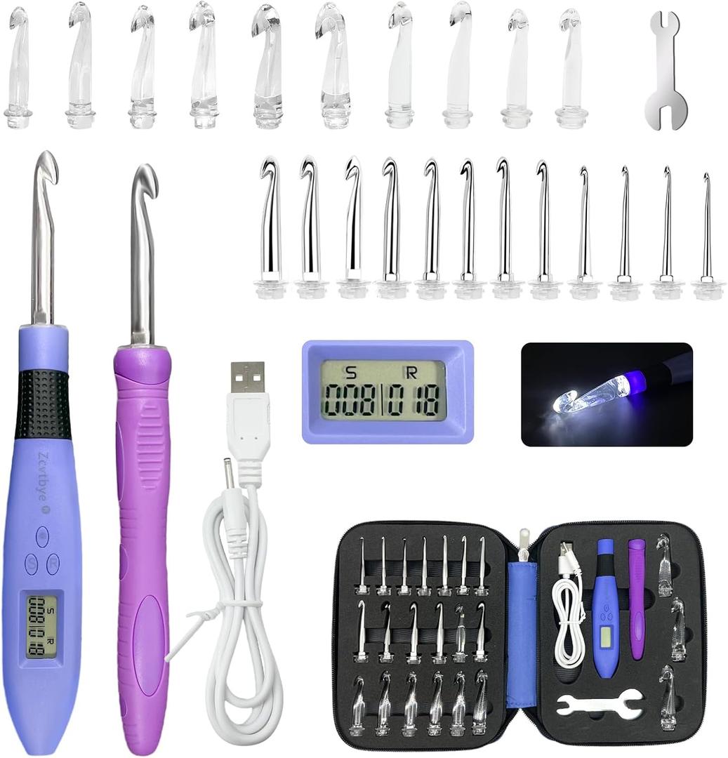 HCBZVV 22 Sizes Counting Crochet Hook Set, 2mm-14mm Interchangeable Needles, Light Up Crochet Hooks with Stitch and Row Counter, Rechargeable Crochet Kit Gift for Beginner and Experienced Crocheters