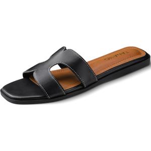 Tanamo Womens's Sandals Girls Slides Sandals Women Narrow Dressy Summer Flat Sandals Square Open Toe Casual Beach (7.5, Black)