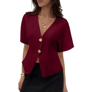 EVALESS Blouses for Women Dressy Casual Summer Button Down Shirts Short Sleeve Business Work Tops,Small
