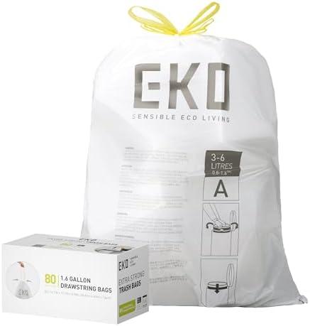 EKO Easy-Dispense Roll 80 Count Extra-Strong Drawstring Small Trash Bag, 1.6 Gallon Trash Bag (3-6L) 1 Pack White, Code A