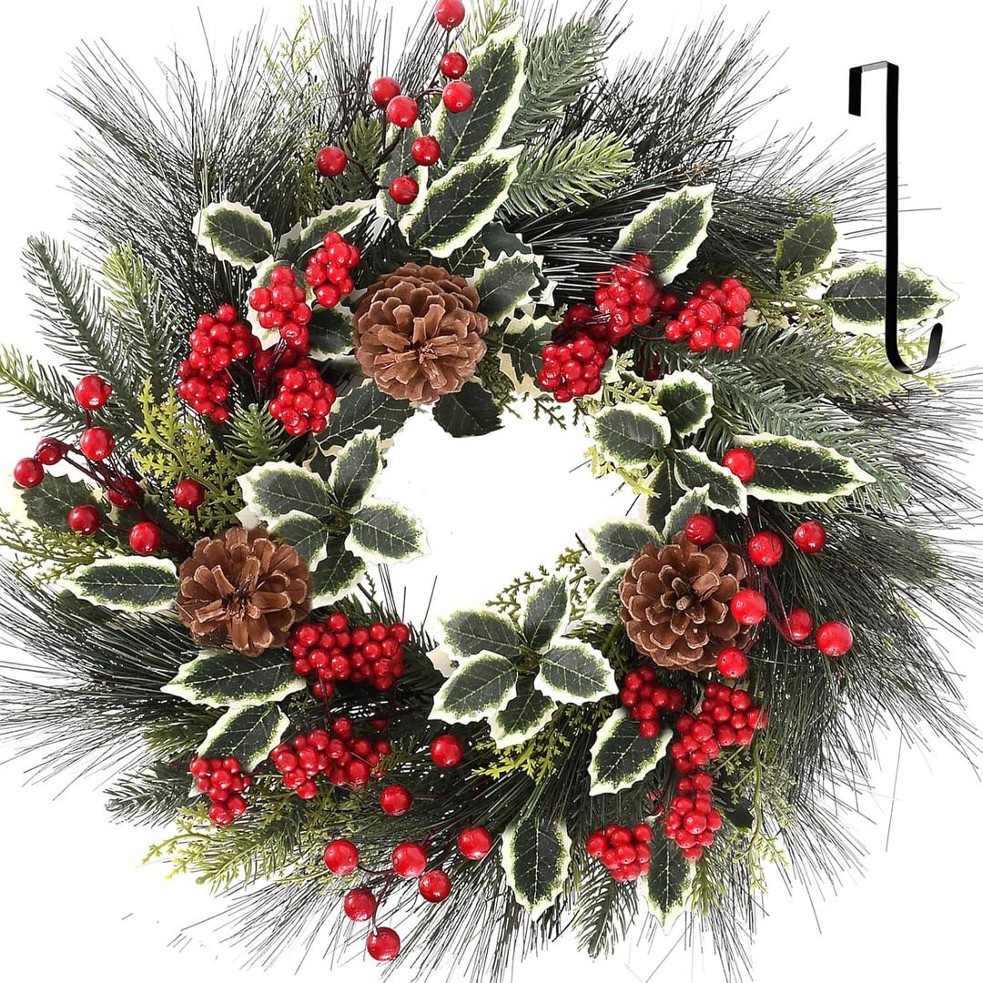 24 Inch Christmas Wreath, Xmas Wreath for Front Door with Hanger, Farmhouse Rattan Base Christmas Decor with Red Berry Pine Cone Spruce, Artificial Wreath Christmas Decorations for Indoor Outdoor Use