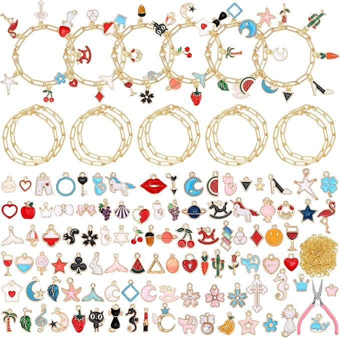 Tondiamo 173 Pieces Charm Bracelet Making Kit for Women DIY Gold Chain Bracelet Jewelry Making Kit for Adult 100 Assorted Charms Pendants 60 Jump Rings Pliers Tools for Crafts Beginner Supplies Gift