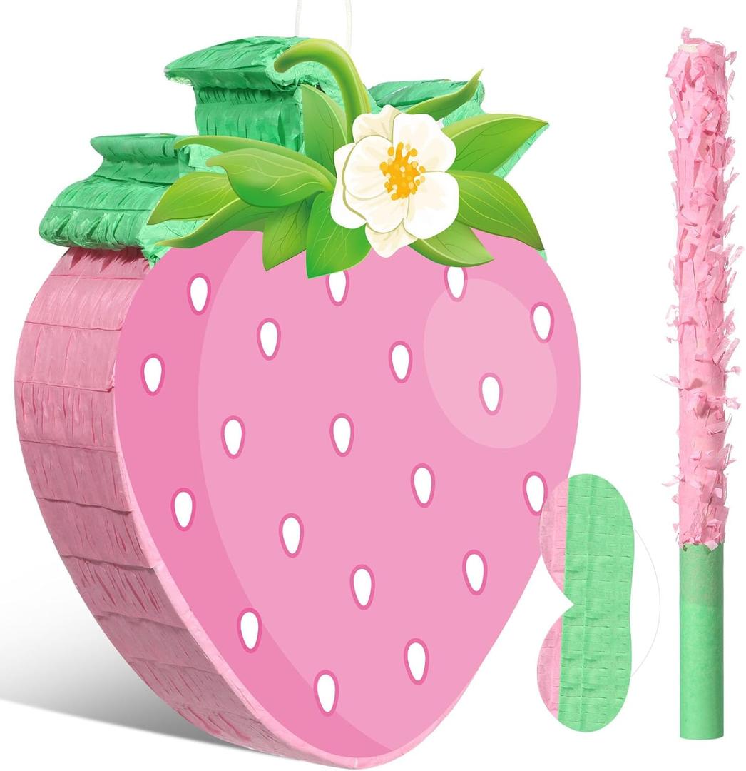 Aoriher Small Strawberry Pinata Summer Fruit Pinata with Stick Blindfold for Girls Boys Kids Fruit Strawberry First Birthday Party Favor Decor Baby Shower Activity Game Supplies, 16 x 12 x 3 Inch