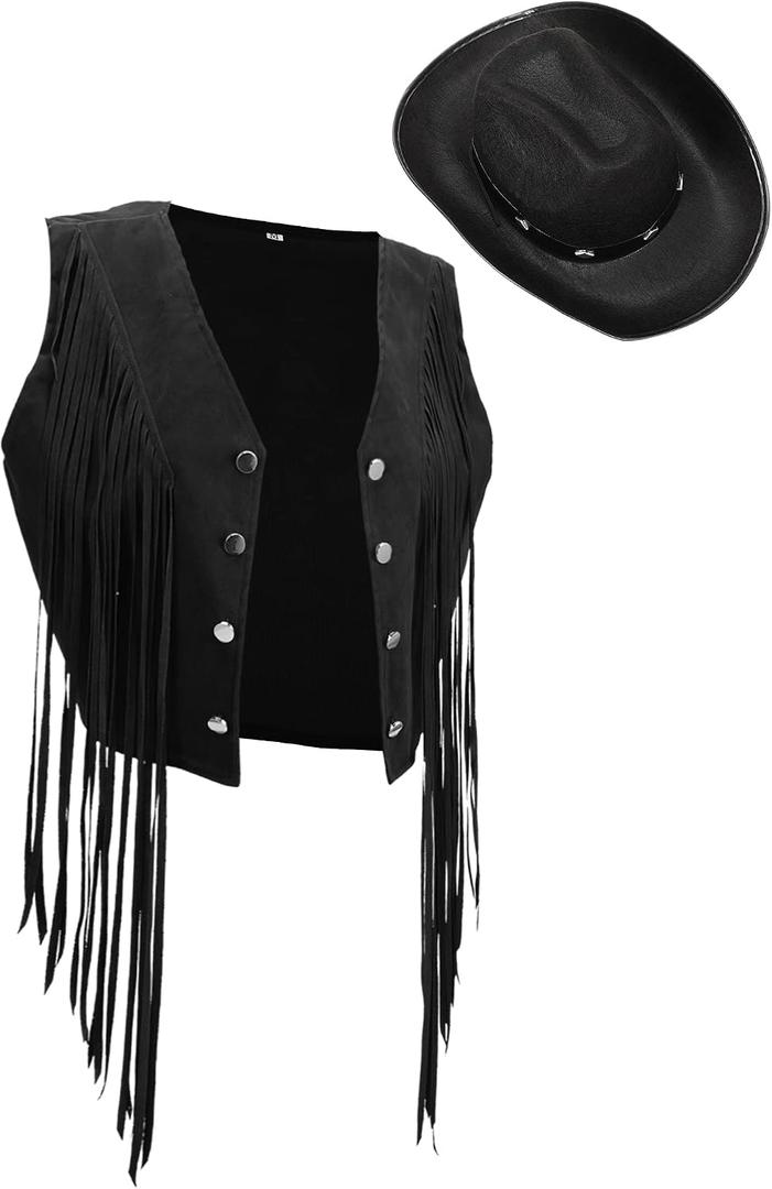 Yaomiao 70s Hippie Womens Fringe Vest Western Felt Cowgirl Hat Cowgirl Costume Rivets Sleeveless Faux Suede Tassels Jacket