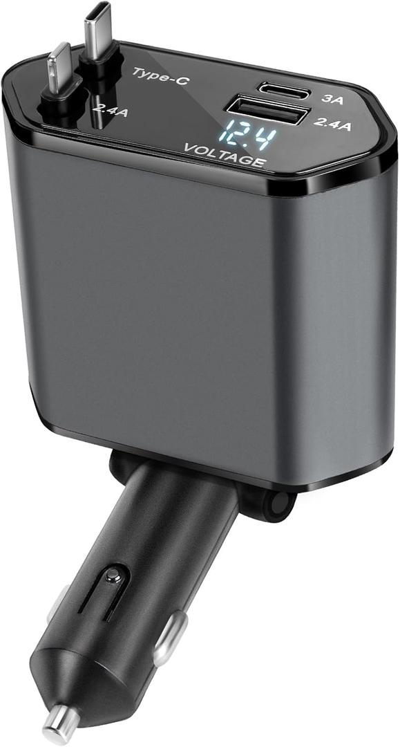 Retractable Car Charger, 4-in-1 Fast Car Phone Charger with 2 Retractable Cable and Type-C & Quick Charge USB Port for iPhone 15/14/13/12Pro Max/XR/XS,Galaxy,Pixel