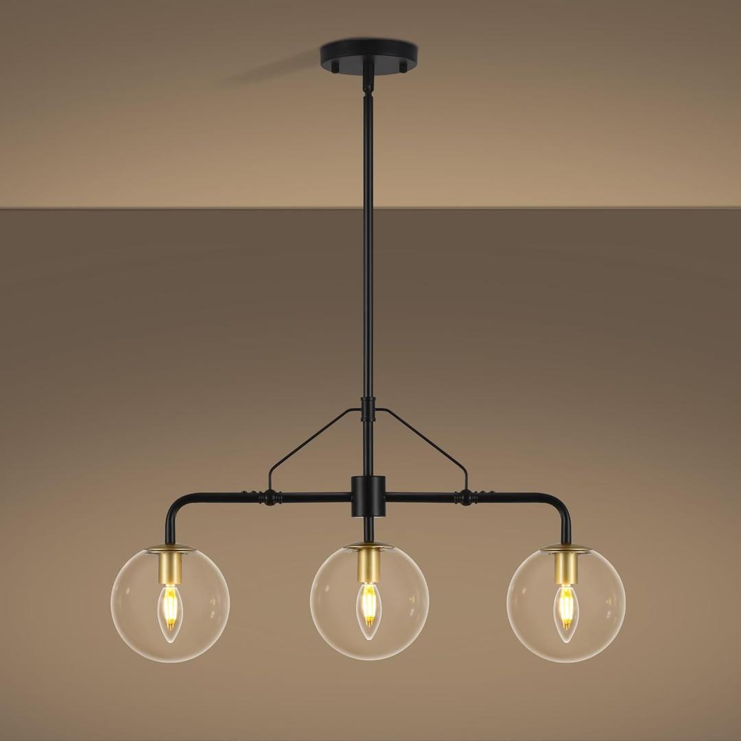 3-Light Modern Kitchen Island Lighting, Black and Gold Dining Room Chandeliers Over Table Hanging, Industrial Linear Chandelier with Clear Globe Glass Shades