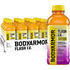 BODYARMOR Flash IV Caffeine + Zero Sugar Drink, Pineapple, 20 Oz (12 Pk) | Sugar-free Ready-to-Drink Electrolyte Drink + 95mg Caffeine, Rapid Rehydration, 2,290mg Electrolytes, Zinc & Vitamins B + C (EXP 02/16/27)