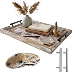 Wood Serving Tray with Metal Handles, 17x13in Large Wooden Tray for Ottoman, Coffee Table, Breakfast, Dinner & Bar, Decorative Tray for Living Room, Bedroom, Bathroom and Kitchen, Brown