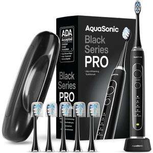 Aquasonic Black Series PRO Ultra-Whitening Electric Toothbrush 5 Modes & Smart Timers Premium Travel Case & 6 Proflex Brush Heads ADA Accepted Toothbrush 