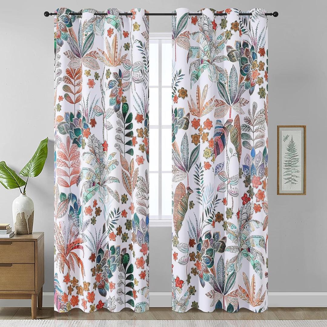 Estelar Textiler Thermal Insulated Blackout Curtains 102 Inches Length Blackout Drapes for Bedroom Living Room,Abstract Leaf Pattern Drapes with Silver Grommets,52x102 Inch (2 Panels) (Leaf Print-white)