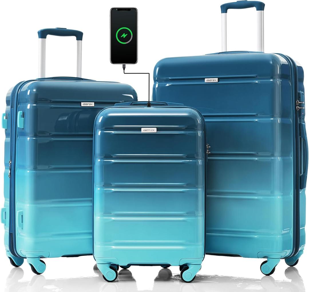 Merax Luggage Sets, ABS Hardshell Suitcase Spinner Wheels with USB Port TSA Lock, Lack Blue and Blue, 20/24/28 Inch