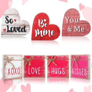7 Pcs Valentines Day Decorations Wooden Heart White Pink Red Hearts Square Shaped Rustic Table Centerpiece Valentines Tiered Tray Decor for Home Kitchen Decor Shelf Mantel Wedding Party