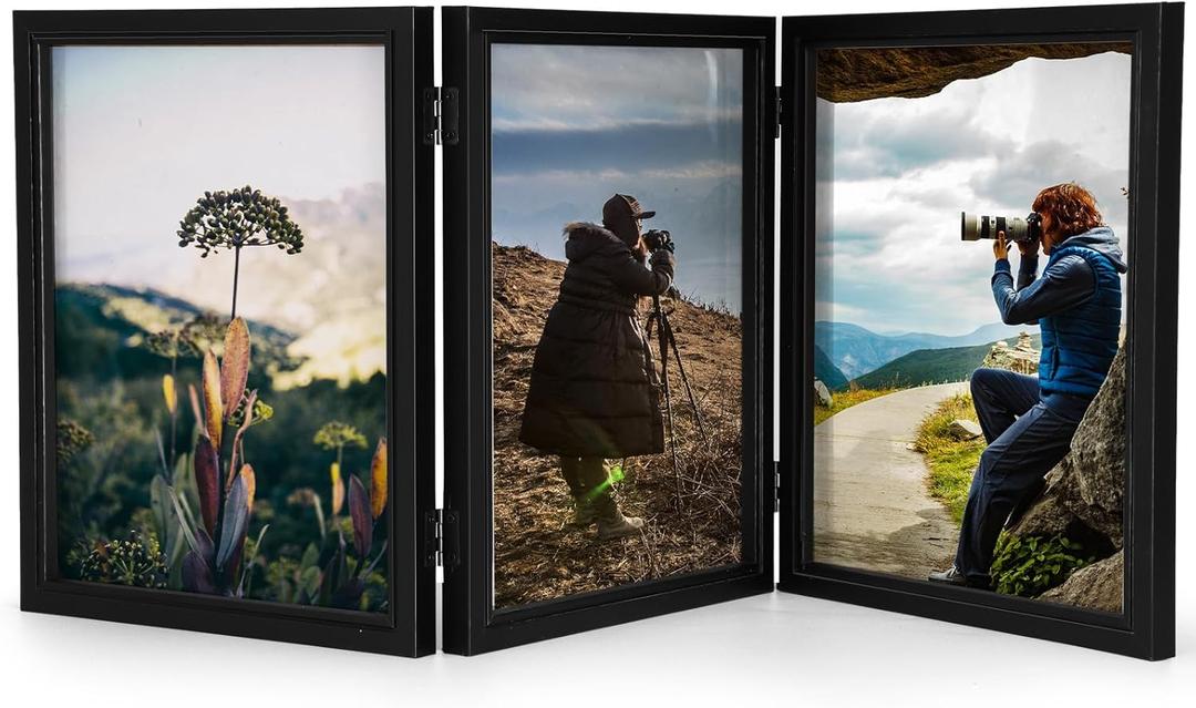 Sintuff 8 x 10 Picture Frames Hinged Fold Photos Frame Collage Vertical with Acrylic Opening Wood Desk Photo Rustic Multiple Desk Family Picture Collage Wedding Supplies(3 Fold Style)