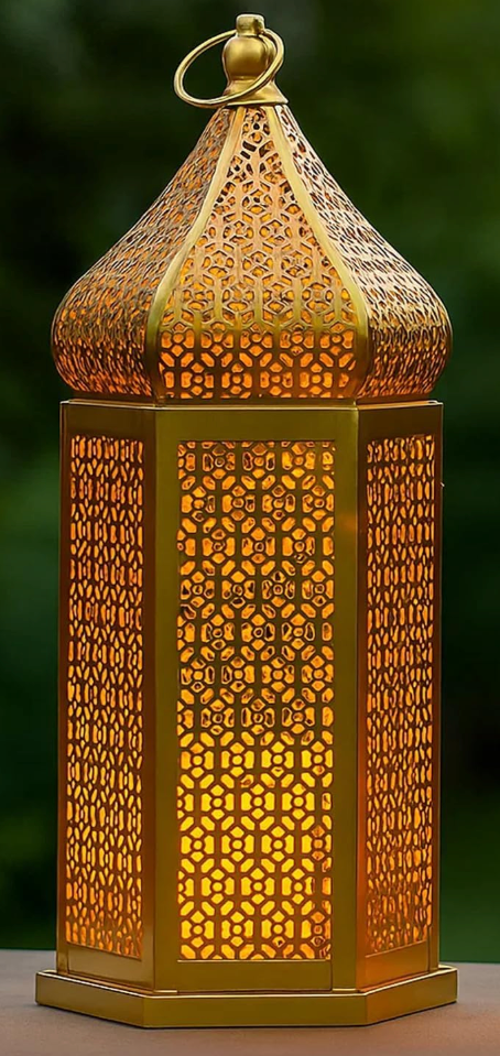 VELA LANTERNS Large Golden Tower Temple Moroccan Lantern Lamp Decorative Candle Holders for Ramadan Decorations, Hanging, Outdoor Patio or Porch, Indoor Home Decor, Gold, Lantern Only Does Not Contain Candle