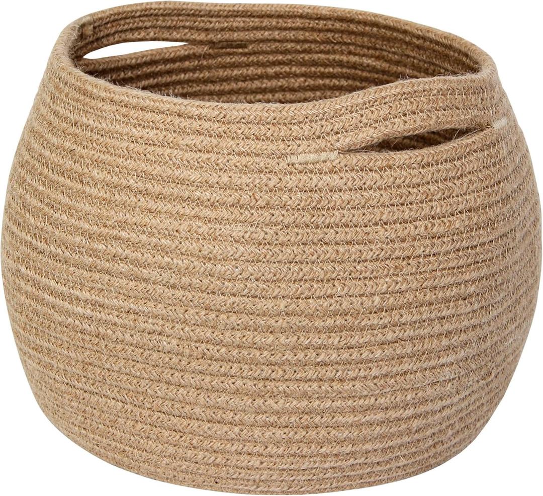 Decorative Wicker Storage Basket, 11" x 9" Indoor Plant Basket for Home Decor, Round Woven Dog Cat Toy Bin with Handle, Bathroom Towel Storage, Jute Planter Holder, Shelf Closet Organizer