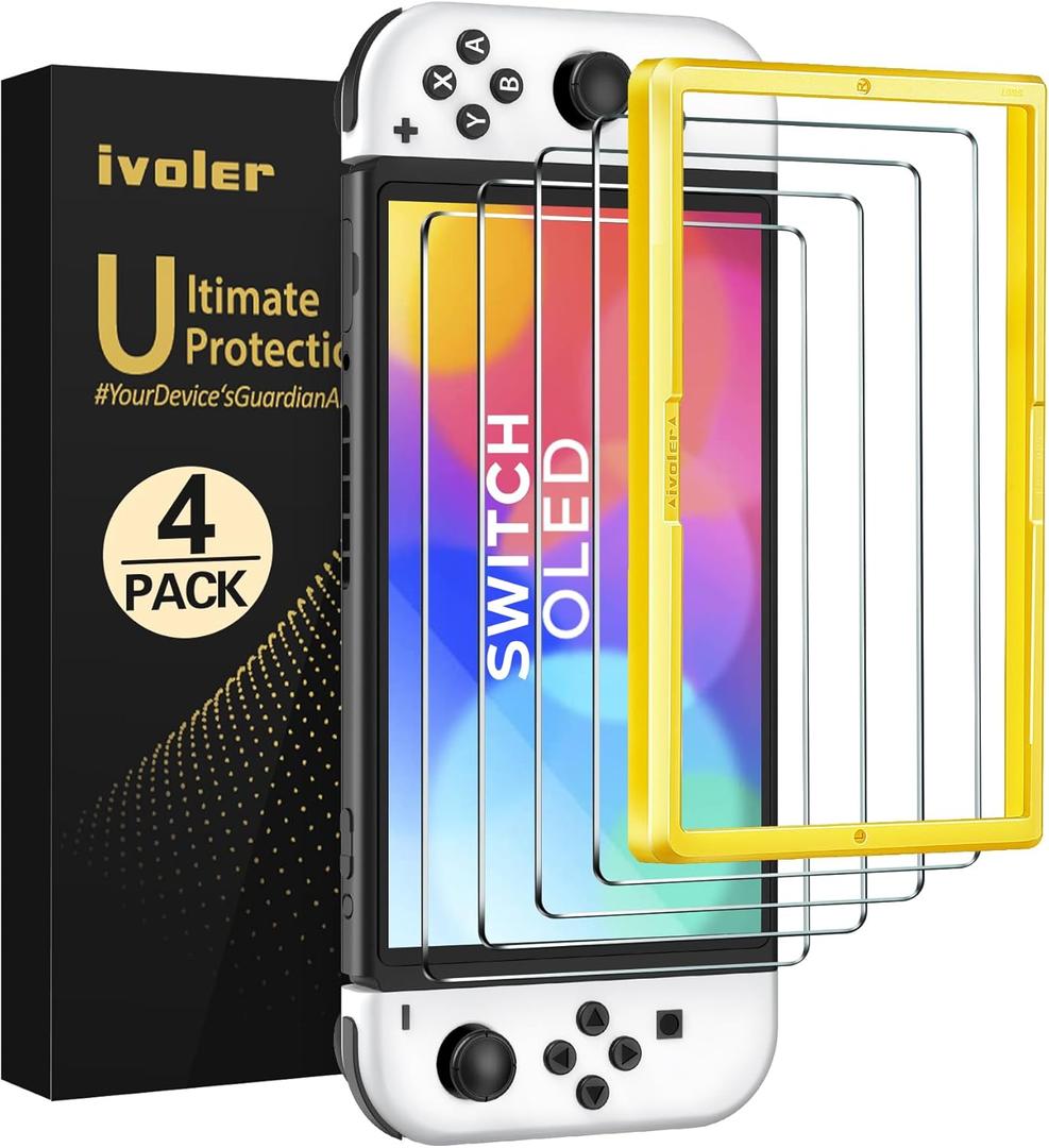 ivoler 4-Pack Tempered Glass Screen Protector Designed for Nintendo Switch OLED Model 2021&2023 with [Alignment Frame] Transparent HD Clear[Updated Version] Screen Protector for Switch OLED 7''