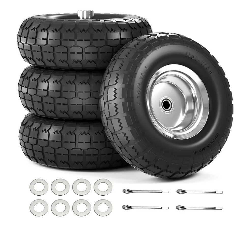 4.10/3.50-4 Tire and Wheel Flat Free, 10 Inch Solid Rubber Tire with 5/8”Axle Bore Hole and Double Sealed Bearings, for Dolly Wheels/Hand Truck Wheels/Dump Cart,Pack of 4 