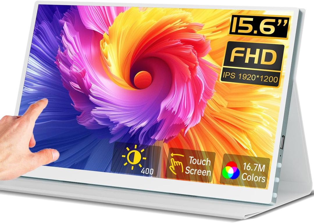 Prechen 15.6'' Touchscreen Portable Monitor, FHD IPS Display with Built-in Speaker & Protective Case, 10-Point Touch Screen, HDMI & USB-C Travel Monitors for Laptop, PC, Phone,Metal Gray + White