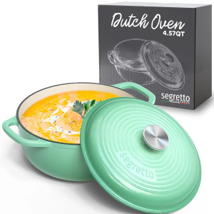 Segretto Cookware Enameled Cast Iron Dutch Oven with Handle, 4.57 Quarts, Verde Chiaro (Gradient Green) Oven Safe Dutch Oven Pot With Lid Ceramic Enamel Cast Iron Pot Cookware | Bread Oven