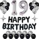 19th Black Silver Birthday Party Decorations for Men Women, Happy 19 Birthday Party Supplies with Black Happy Birthday Banner, Silver Foil Stars, Happy Birthday Balloons for 19th Birthday