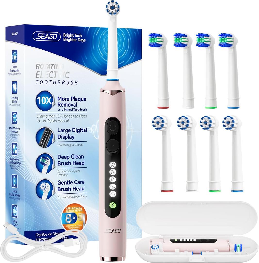 SEAGO Soft Round Electric Toothbrushes with 8 Spin Brush Heads, 5 Cleaning Modes, Rechargeable Sonic Toothbrush with Timer and Travel Case for Adults and Kids(SG-2607-Pink (1 Count (Pack of 1))