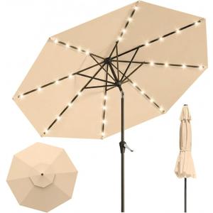 10FT Solar Lighted Patio Umbrella, Outdoor Table Market Umbrellas with Push Button Tilt and Crank, 32 LED Lights, 8 Sturdy Ribs, UV-Resistant for Deck, Garden, Pool