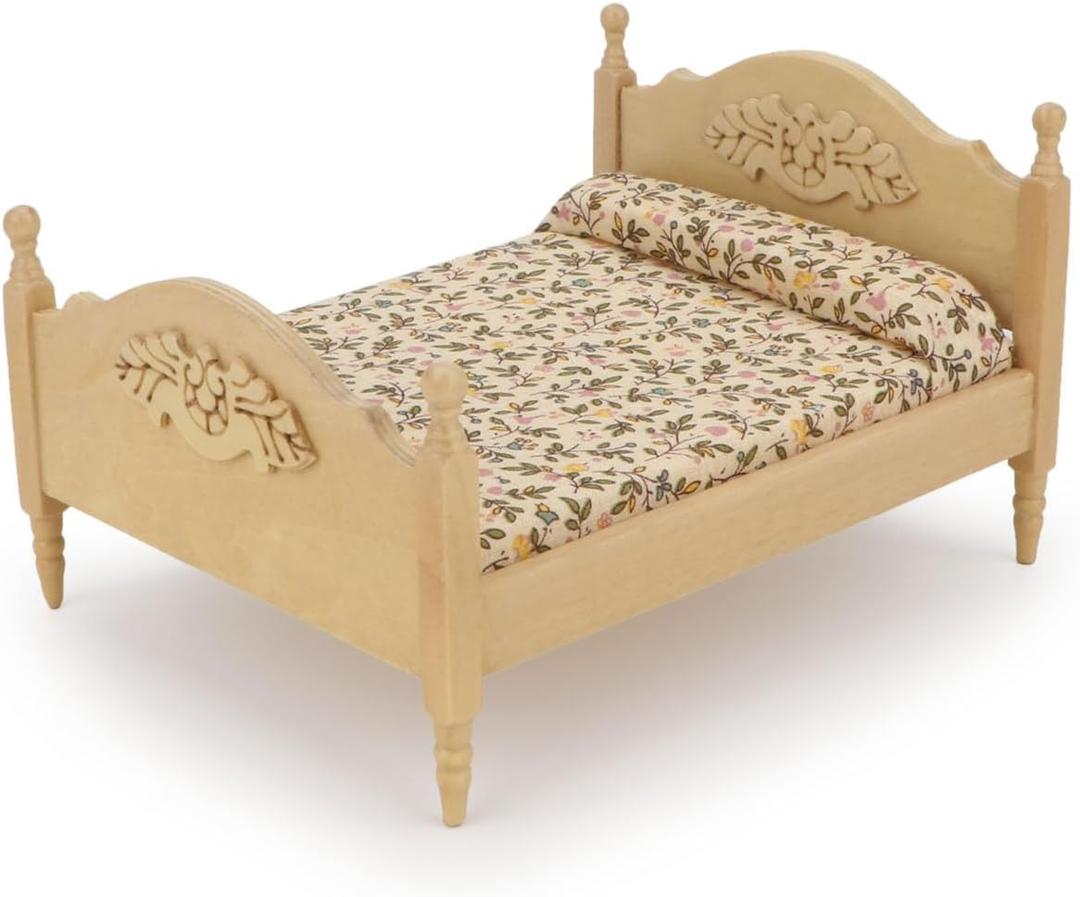 Miniature Furniture Dollhouse Wooden Fabric Bed with Mattress & Pillow 1 12 Scale Furniture Dollhouse Decoration Accessories (Wood)