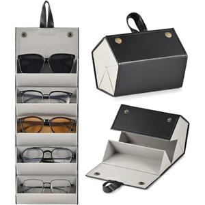 CO-Z Travel Sunglasses Organizer, Foldable Travel Sunglass Case with 5 Slots for Multiple Pairs, Portable Eyeglasses Holder (Black)