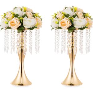 2 Pcs Gold Vases for Centerpieces, 13.8in Crystal Flower Arrangement Stand, Wedding Centerpieces for Tables, Tall Metal Flower Vase Holders for Wedding, Event, Reception, Birthday, Home Decor
