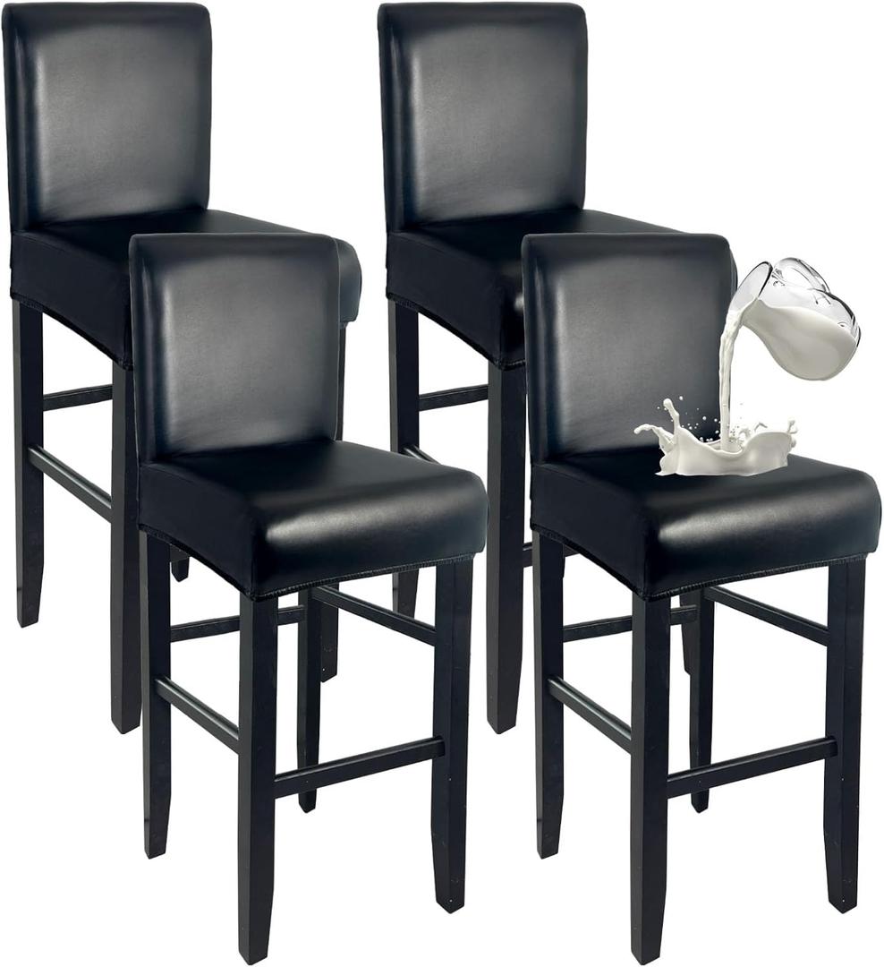 PU Leather Bar Stool Covers with Backs 100% Waterproof Bar Stools Covers Set of 4, Removable Stretch Barstool Slipcovers for Pub Cafe Dining Room (Black)