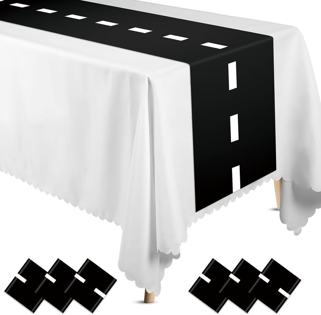 Preboun 6 Pcs Plastic Checkered Table Runner 14 x 108 Inch Racetrack Road Table Runner for Two Fast Car Theme Birthday Racing Party Decor Events Supplies (Black White Race Track)