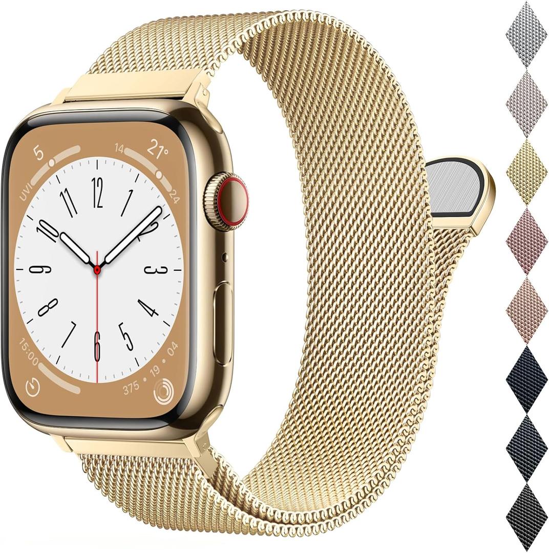 BELONGME Mesh Metal Loop Compatible with Apple Watch Band 40mm 41mm 38mm 42mm Series 11 10 9 8 7 6 5 4 3 2 1, SE 3 2 1 Women Men, Stainless Steel Strap with Magnetic Clasp for iWatch Bands (Golden)