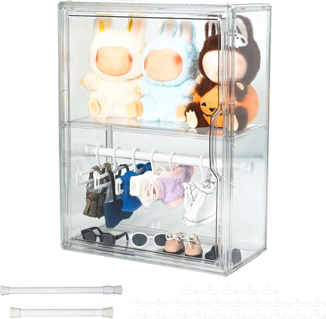 Clear Doll Display Case Compatible with Labubu- 2 Tier Organizer for 7 Inch Dolls & Clothes, Includes 20 Mini Hangers & 2 Rods | Doll Wardrobe Shelf